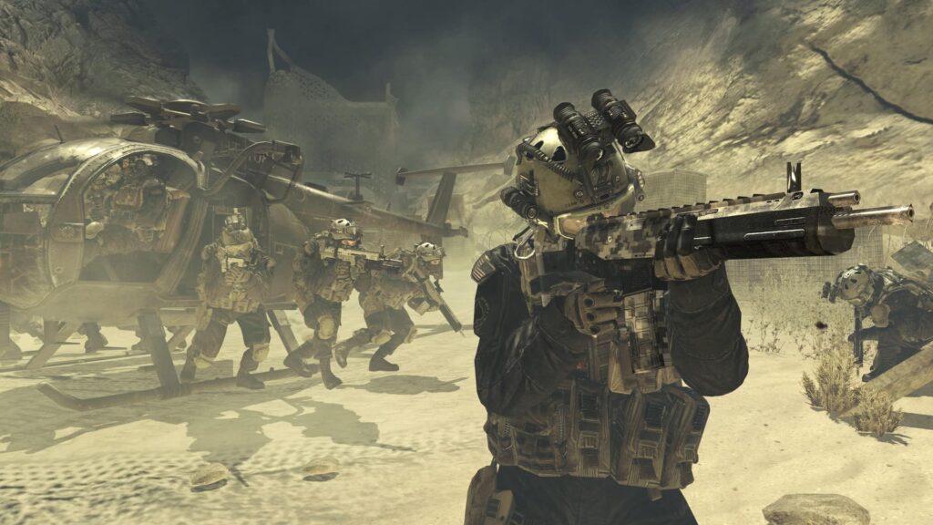 Call of Duty Modern Warfare soldiers advancing from a helicopter during a realistic special forces combat mission