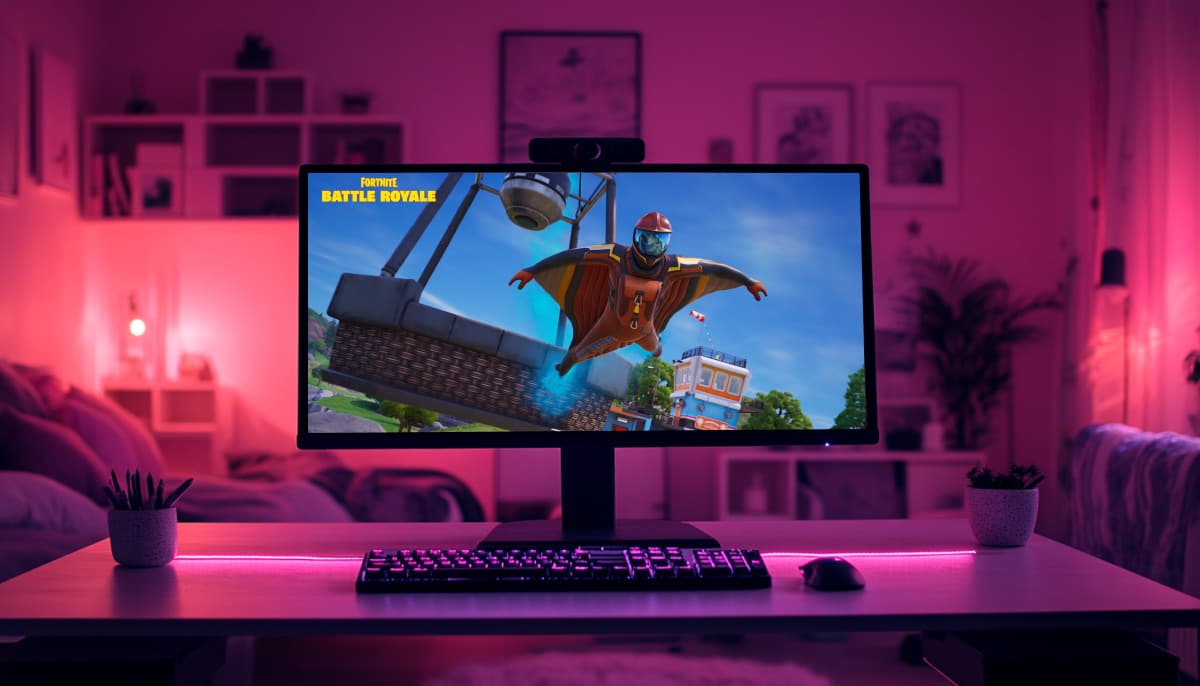 A computer monitor displaying the game Fortnite Battle Royale in a room with purple neon lighting