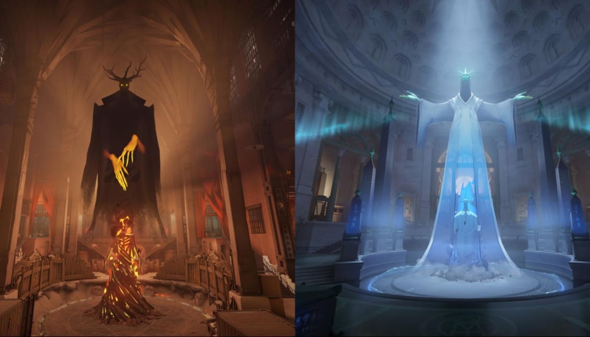 The image shows the updated Patrons models from Valve's Deadlock game, which appeared with the major January 2026 update called Old Gods, New Blood. Left figure (Dark): Known as the Hidden King, he represents the Amber faction. Right figure (Light): Known as the Archmother, she represents the Sapphire faction. Her design glows with blue and white light, creating a more majestic and vibrant image