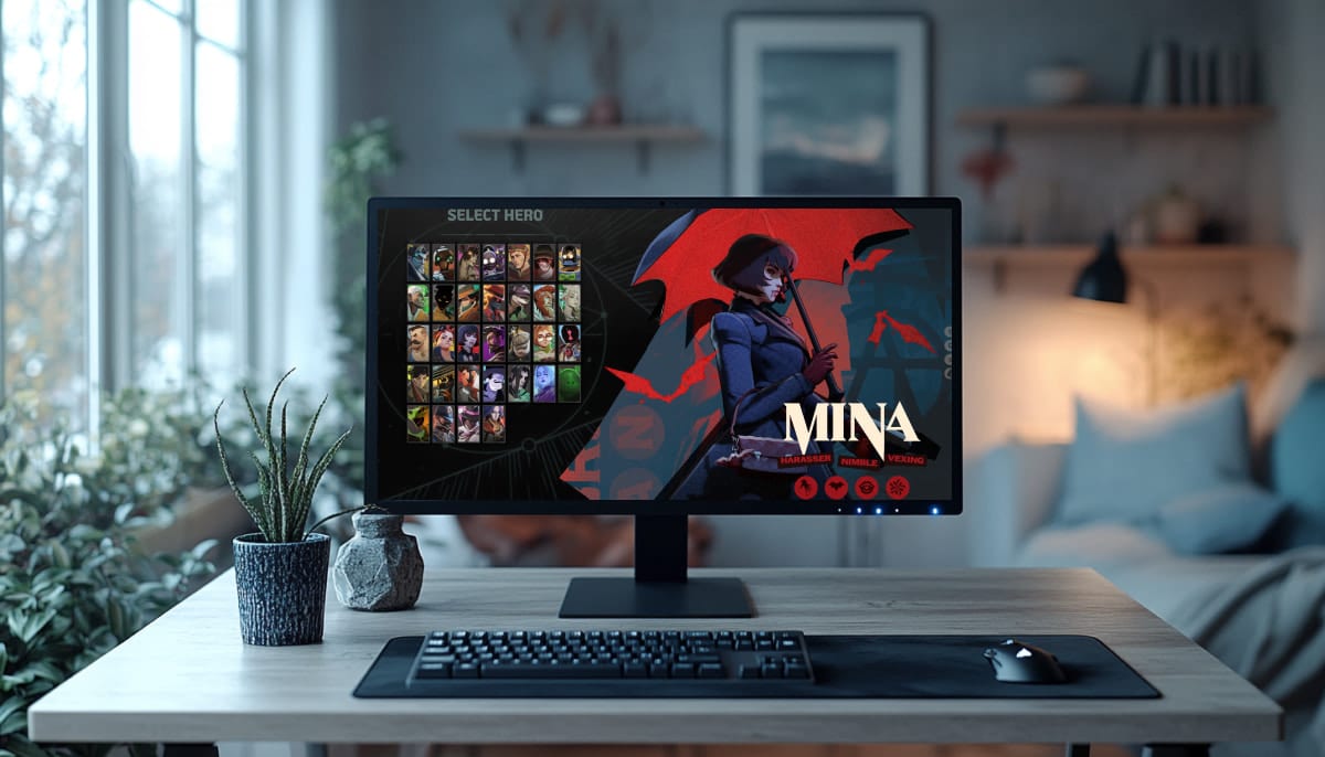 An image of a computer monitor in a living room setting displaying the hero selection screen for the video game "Deadlock". The character Mina, a vampire assassin with an umbrella weapon