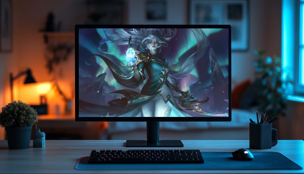 The image displayed on the computer monitor is the official splash art for the Winterblessed Diana skin from the popular game League of Legends