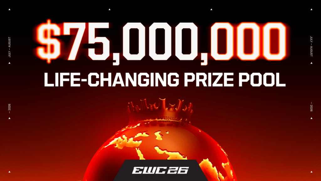 Image of Esports World Cup 2026 logo underneath an orange Esports World Cup trophy. Above the trophy is white and orange text