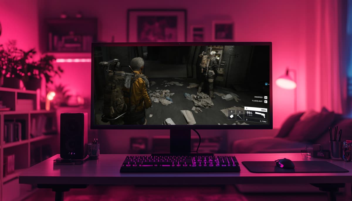 PC monitor displays gameplay footage from the video game Arc Raiders