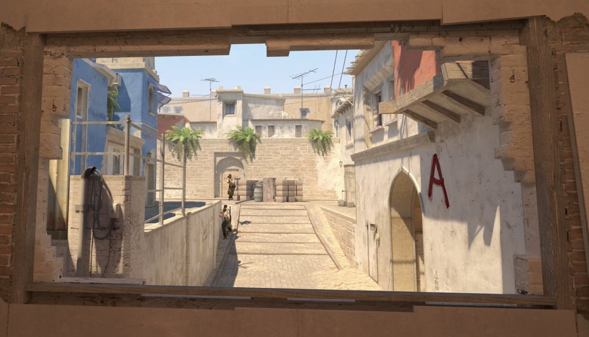 The image shows a game location from the first-person shooter Counter-Strike 2. The area shown is the “Short A” position on the classic and popular map called Dust II