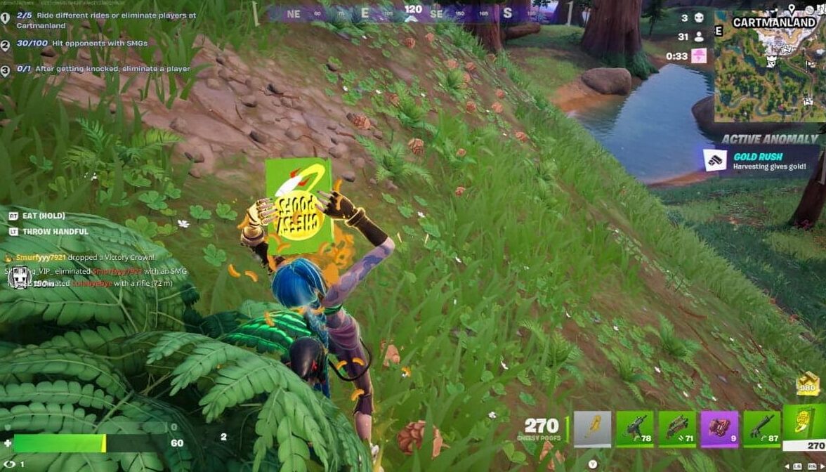 A screenshot from the video game Fortnite showing a character with blue hair holding a bright green item box