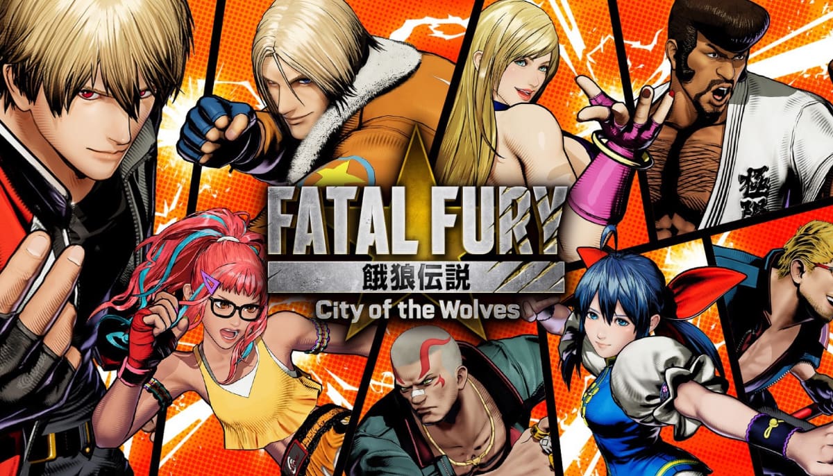 The image is a promotional art for the fighting game Fatal Fury: City of the Wolves