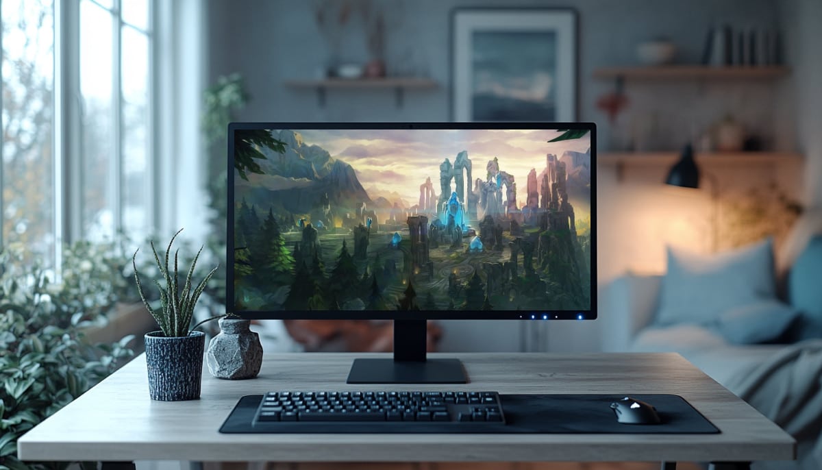 A clean and modern home office setup features a desktop computer on a wooden desk, displaying a screenshot of a fantasy game world from League of Legends on the monitor