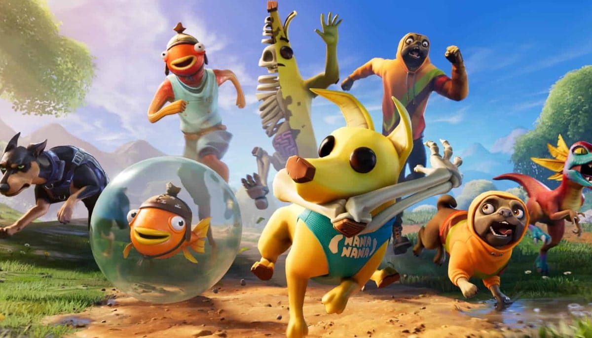 A promotional image for Fortnite sidekick pets, featuring a yellow dog wearing a banana peel