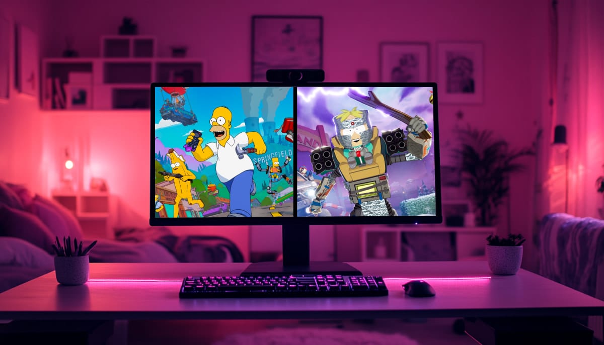 A PC monitor displays split image including Fortnite Simpsons and Fortnite South Park promotional arts