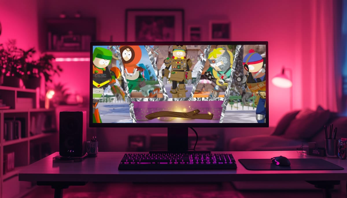 A computer monitor on a desk displays the Fortnite game featuring South Park characters including Stan, Kenny, Butters, Kyle, and Cartman