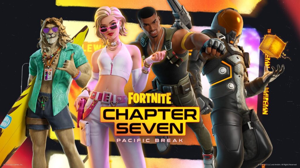 A promotional image for the video game Fortnite Chapter Seven: Pacific Break, featuring four characters in tropical-themed outfits