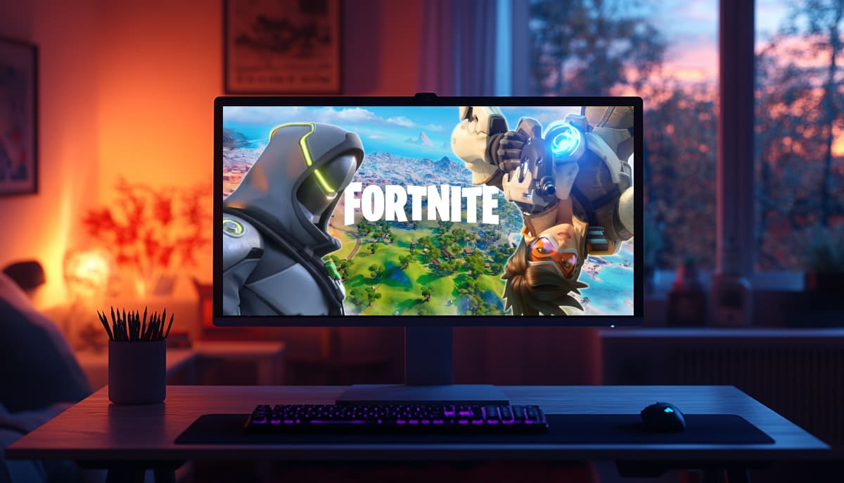 A computer monitor displays the Fortnite game title with colorful characters. The room is warmly lit by a sunset through a window, creating a cozy gaming ambiance