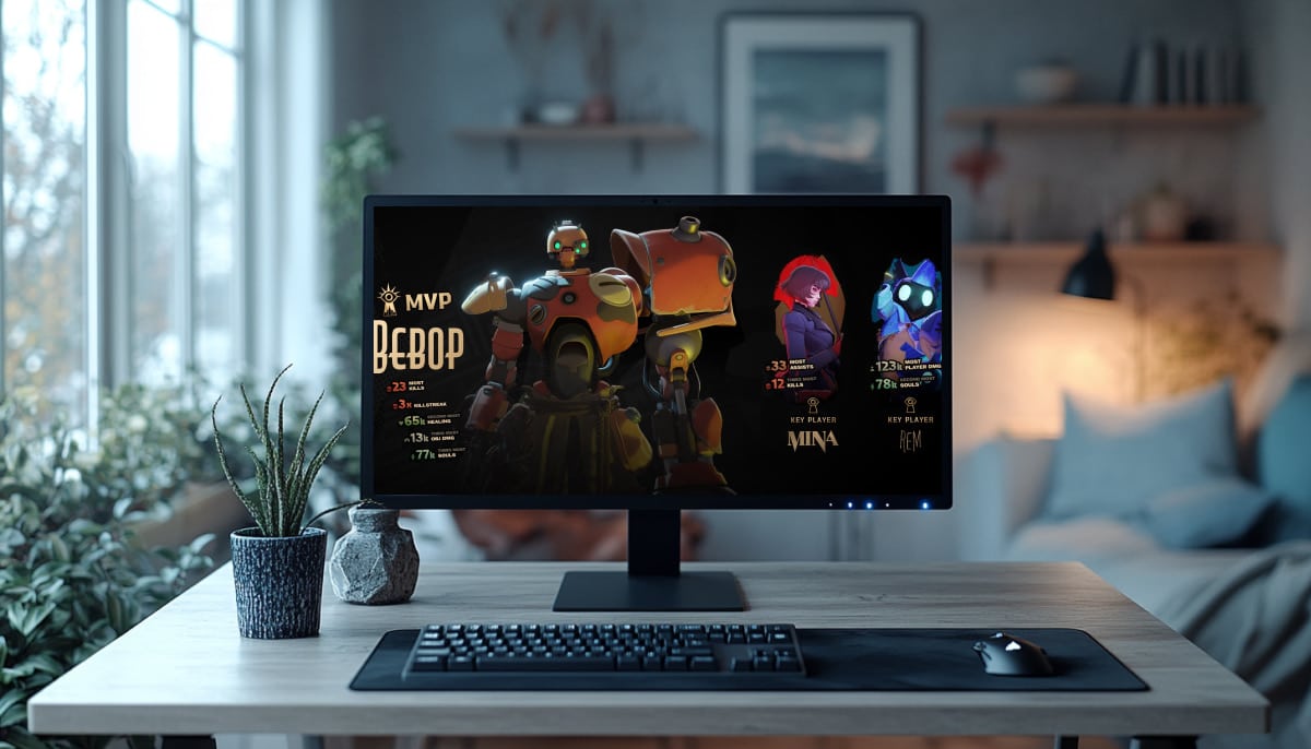The image displays a computer monitor showing a post-match summary screen from the video game Deadlock, developed by Valve. The screen highlights the "MVP" (Most Valuable Player), which is the character Bebop, a well-balanced robot hero. On the right side, the screen shows character portraits for other players using heroes named Mina and Rem, along with various in-game statistics