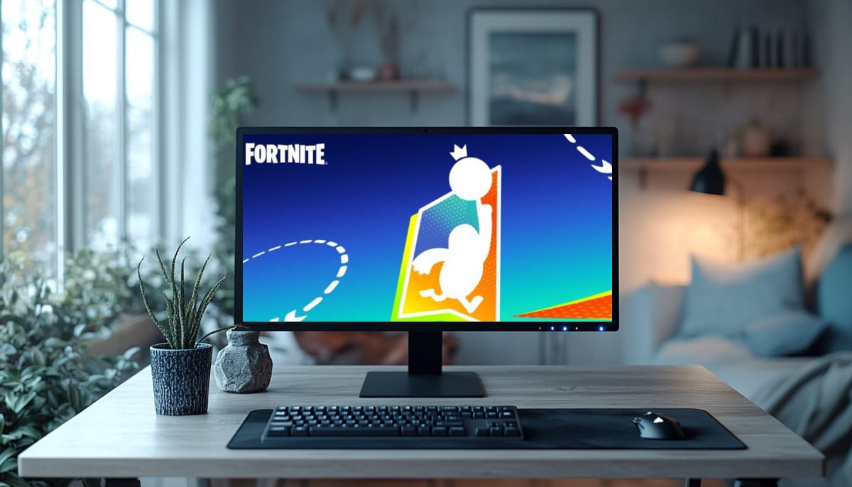 The image depicts a modern, well-lit home office or gaming setup featuring a monitor displaying a loading screen or teaser image for the popular game Fortnite