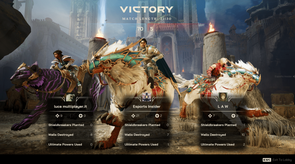 Highguard victory screen after in-game match featuring three wardens and mounts alongside player profiles