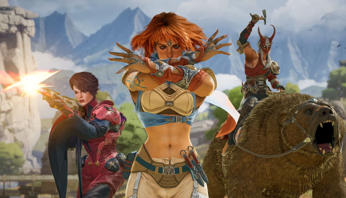 The image is a character showcase screenshot from Highguard. The picture displays three characters, known as "Wardens," in a fantasy-style environment. A female character on the left is holding a modern-looking rifle with muzzle flash, the central female character is posing, and a character on the right is sitting atop a large, armored bear mount
