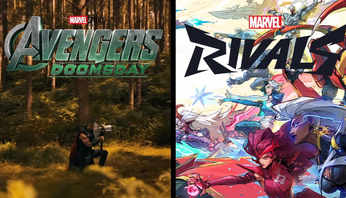 Split image with Avengers: Doomsday and Marvel Rivals game posters