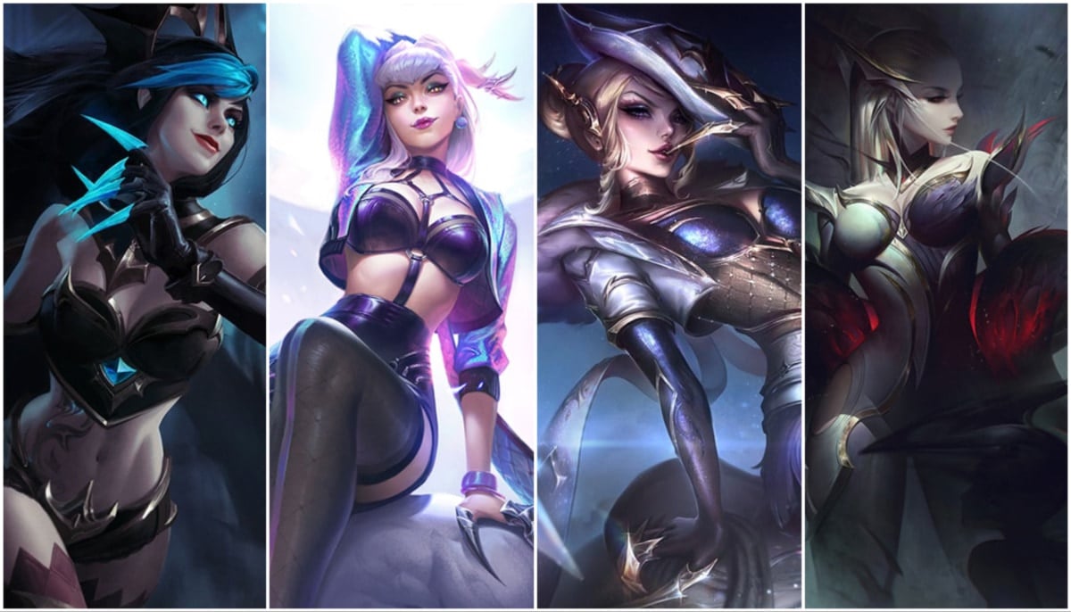 Evelynn from LoL in a collage of different skins