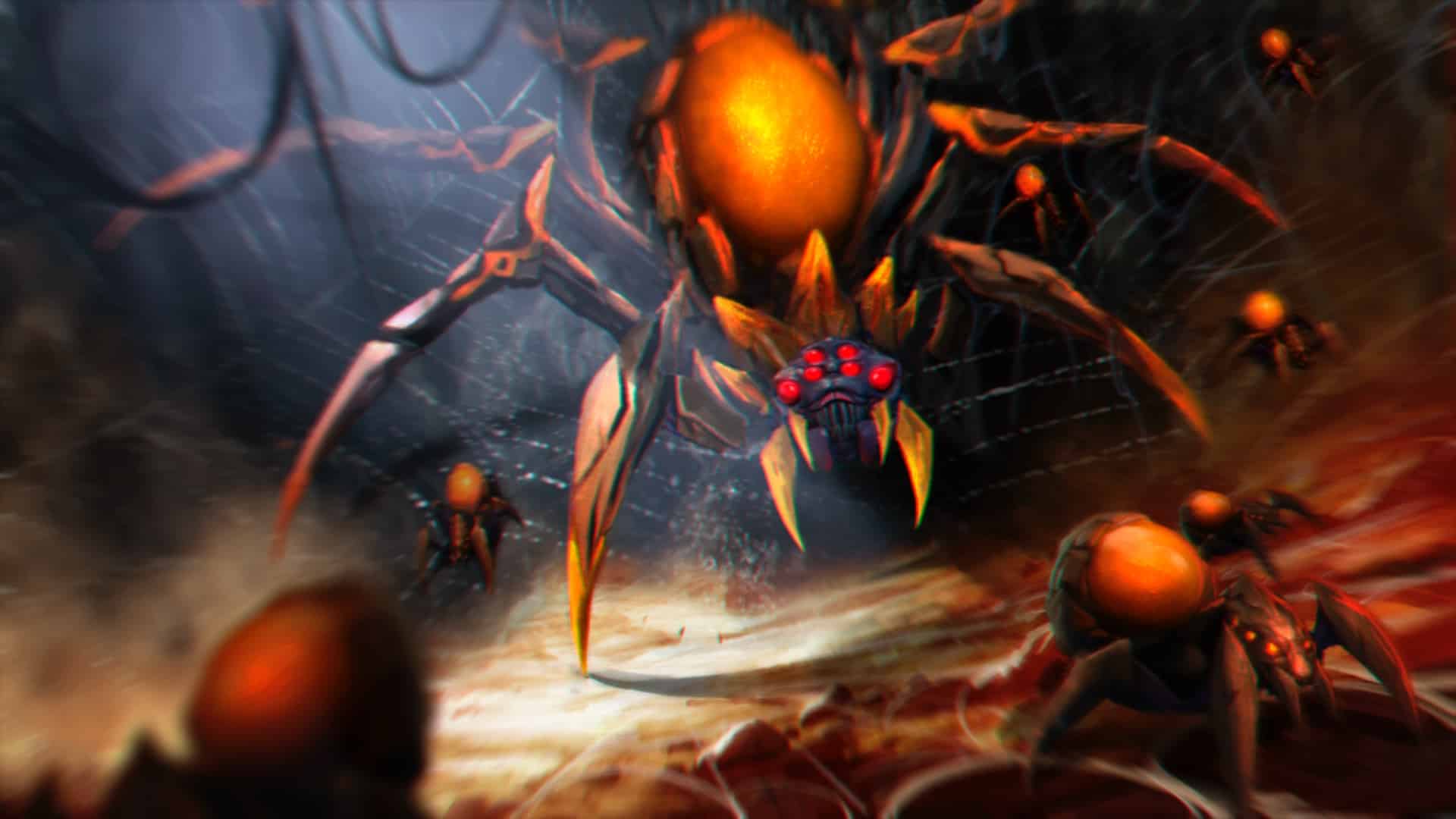 The image features Broodmother, also known as the Black Arachnia, a character from the popular MOBA game Dota 2