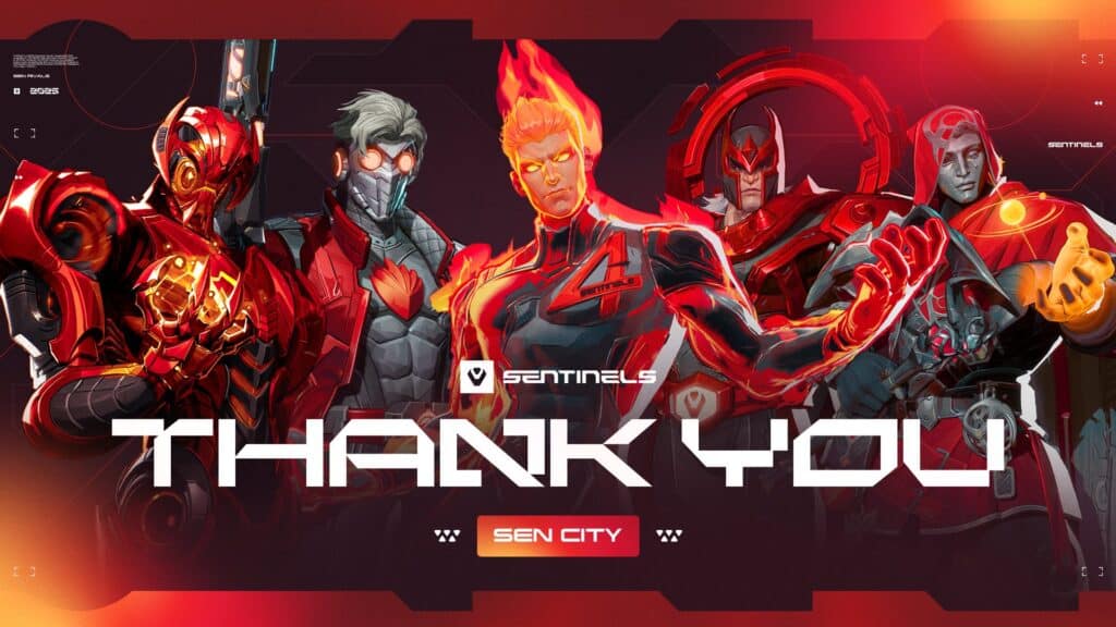 Sentinels Marvel Rivals graphic featuring Magneto, Human Torch, Star Lord, Ultron and Adam Warlock
