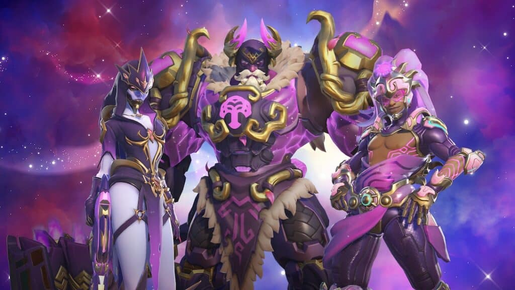 Overwatch 2 Cosmic OWL Mega Bundle 3 featuring Reinhardt, Widowmaker, and Lucio