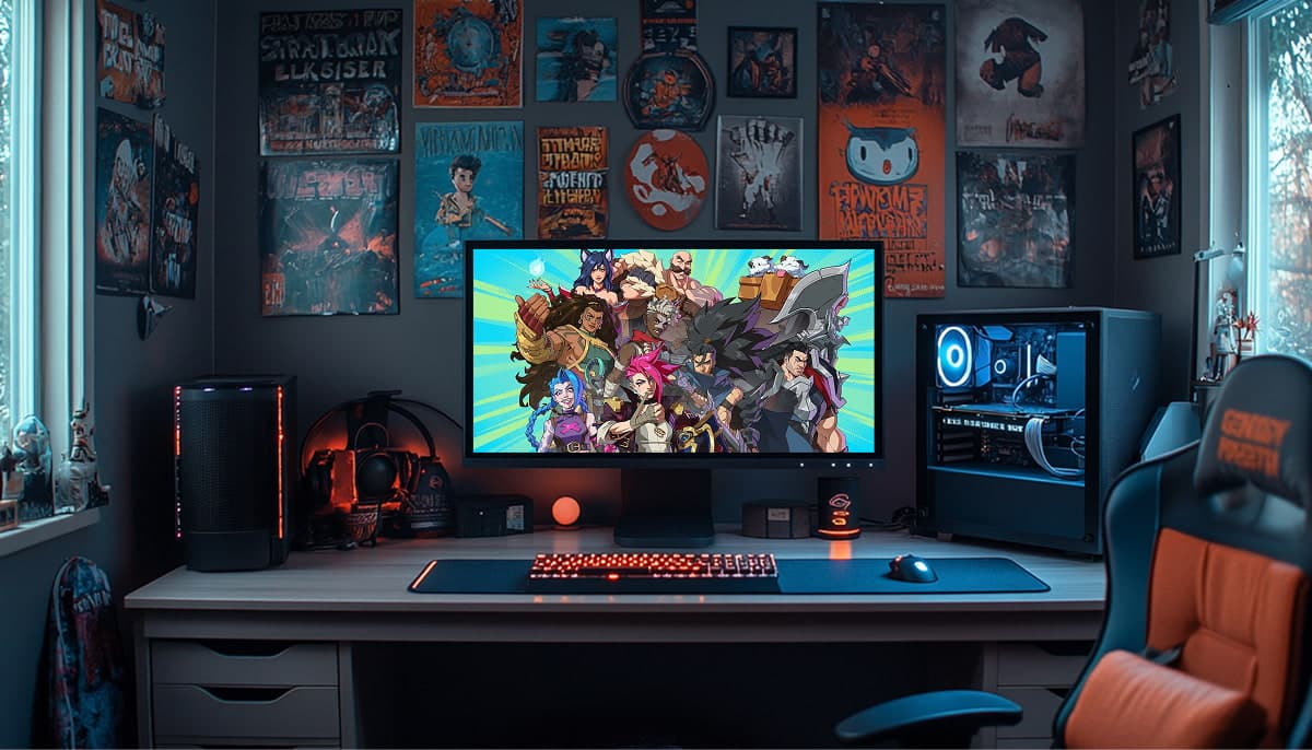 The monitor in the gaming setup shows the splash screen from Riot Games' 2XKO (formerly known as Project L), a fighting game set in the League of Legends universe