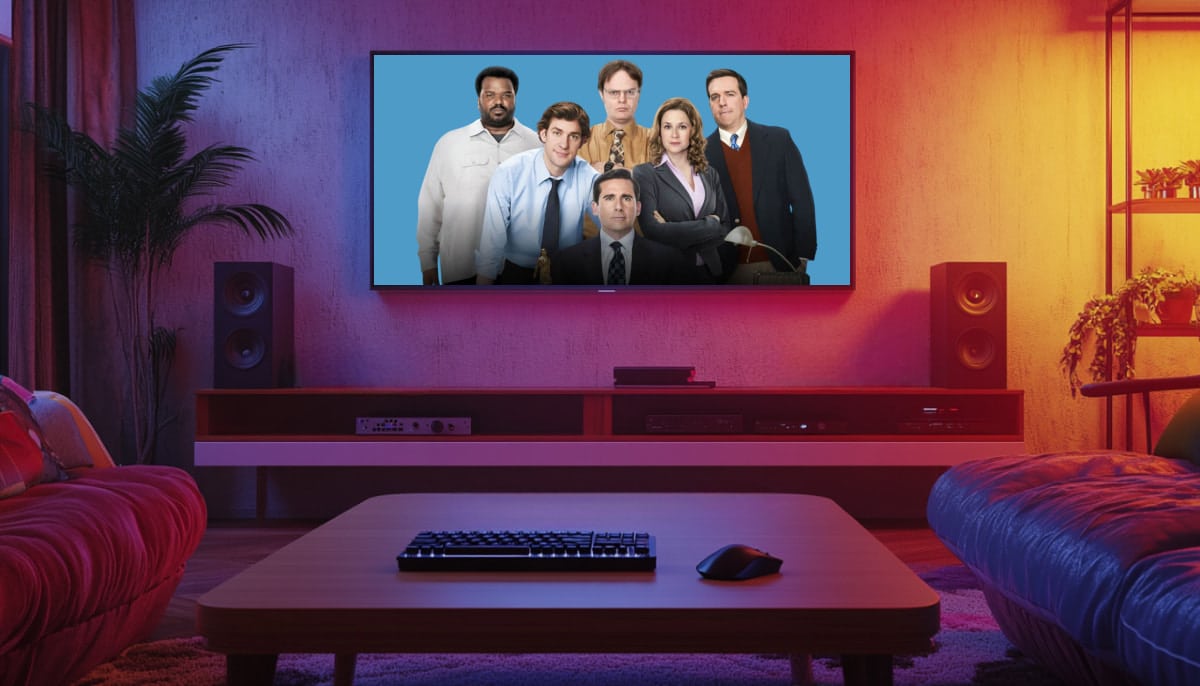​​A television screen displaying the main cast of The Office is centered in a dimly lit living room