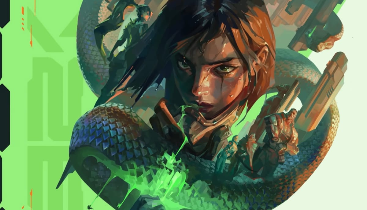 A close-up illustration of the Valorant agent Viper, a woman with dark hair and green eyes, surrounded by green toxic gas and a large snake graphic
