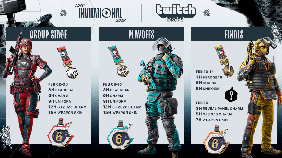 Six Invitational 2026 Twitch Drops rewards including charms, weapon skins, uniforms and more