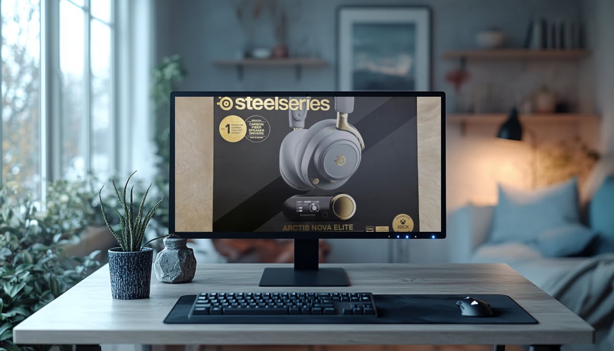 A PC monitor sisplays SteelSeries Arctis Nova Elite box