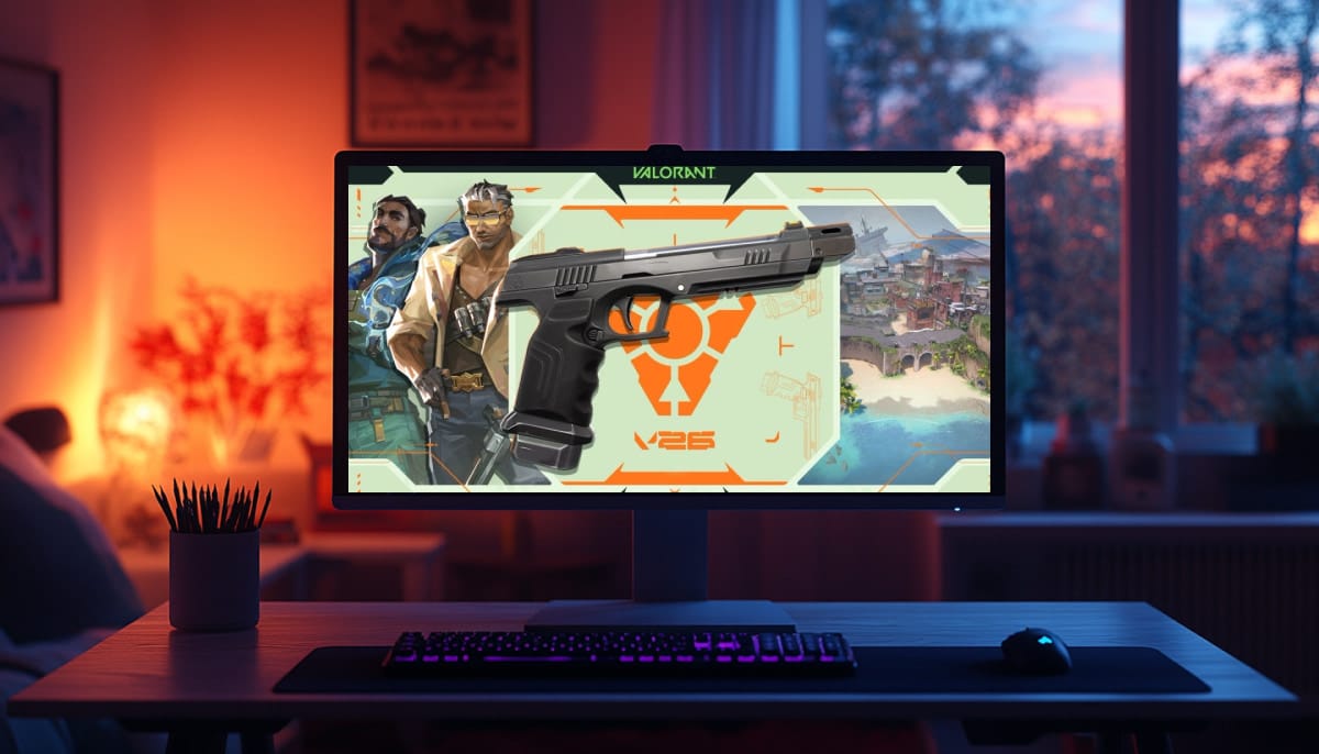 Official VALORANT art with sidearm and agents displayed on PC monitor