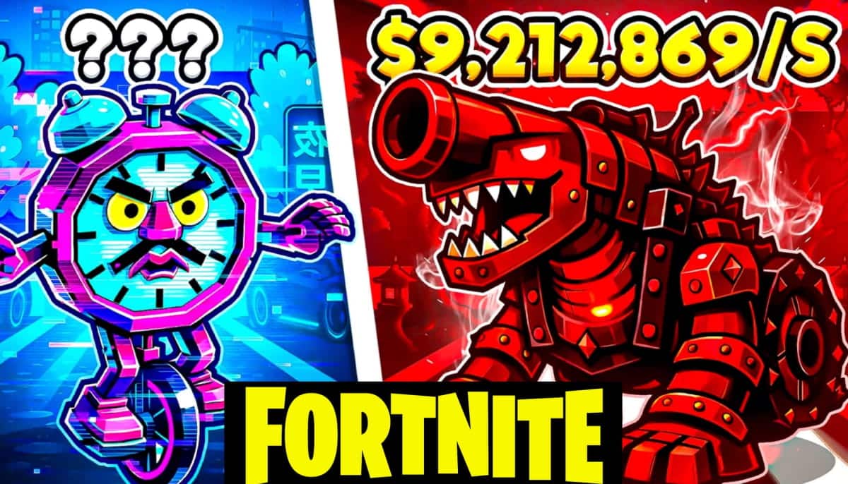 A promotional image for a Fortnite creative map thumbnail, split vertically between a pink and teal clock character with a mustache on the left, labeled "???", and a red mechanical dinosaur cannon on the right, displaying "$9.212.869/S" in text