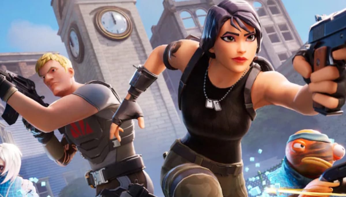 Fortnite battle scene: fierce female agent with dual pistols charging forward, blonde male fighter beside her, clock tower and chaotic city background