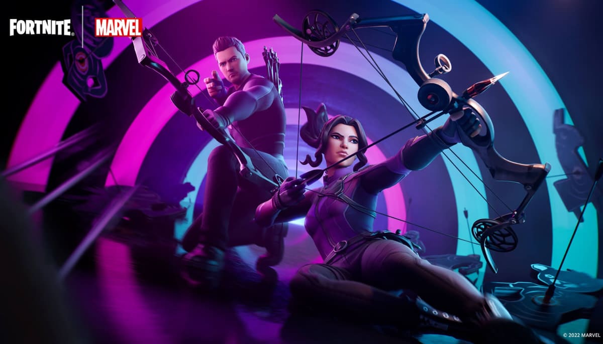 Clint Barton (Hawkeye) and Kate Bishop aiming bows in a purple and blue lit Fortnite loading screen image, featuring the Fortnite and Marvel logos