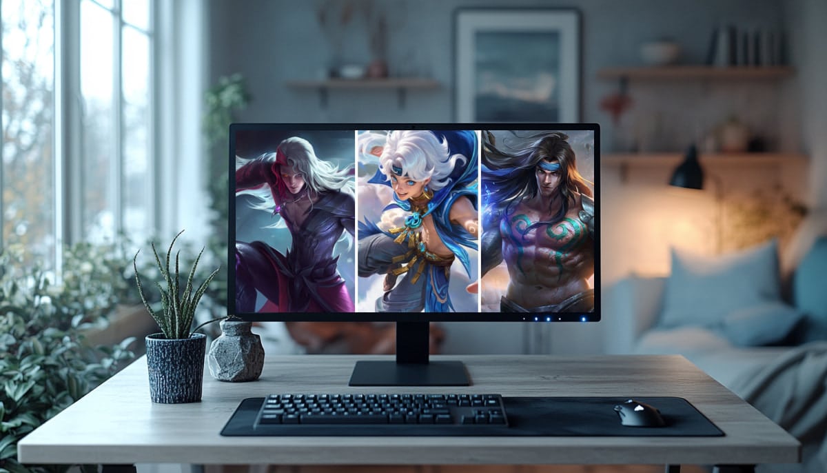 A PC monitor displays mixed collage featuring MLBB characters