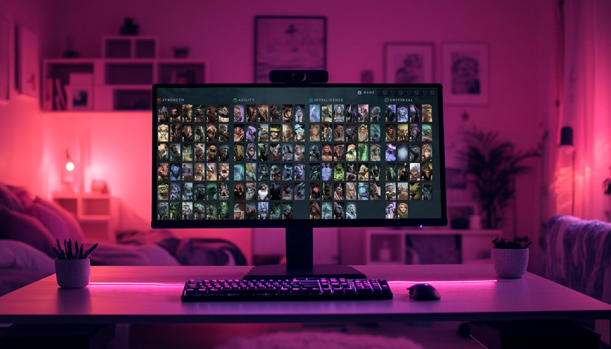 A computer monitor displaying Dota 2 character selection screen is centered on a desk in a dimly lit, pink-lit room with a keyboard and mouse in front of it