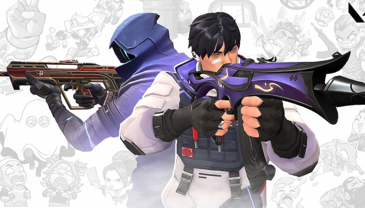 An illustration showing two agents from the game Valorant, Iso and Omen, aiming weapons in front of a white background decorated with cartoon sketches