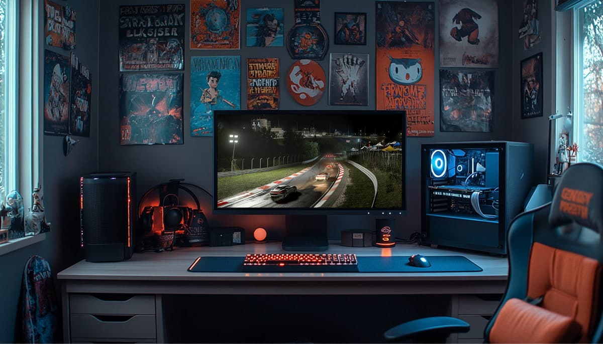 A detailed, well-lit photograph of a gaming PC setup in a room. The desk holds a monitor displaying a night-time race track from the game Forza Motorsport