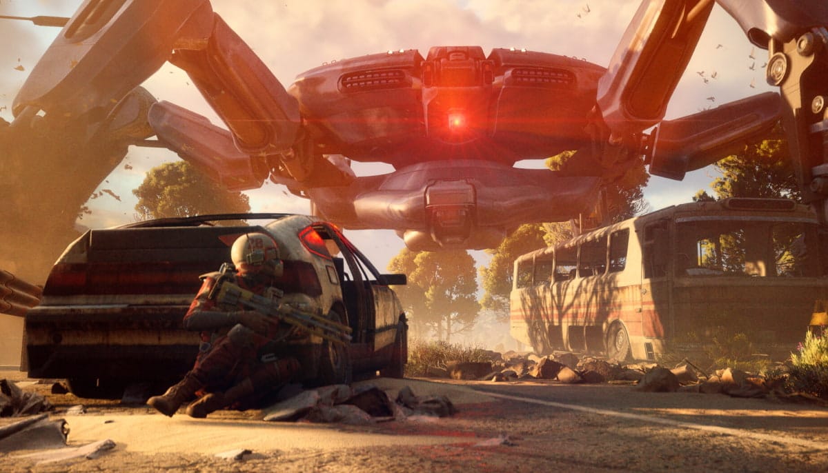 The image shows an intense scene from the video game ARC Raiders. The scene takes place on the devastated surface of a post-apocalyptic Earth, where an atmosphere of desolation reigns