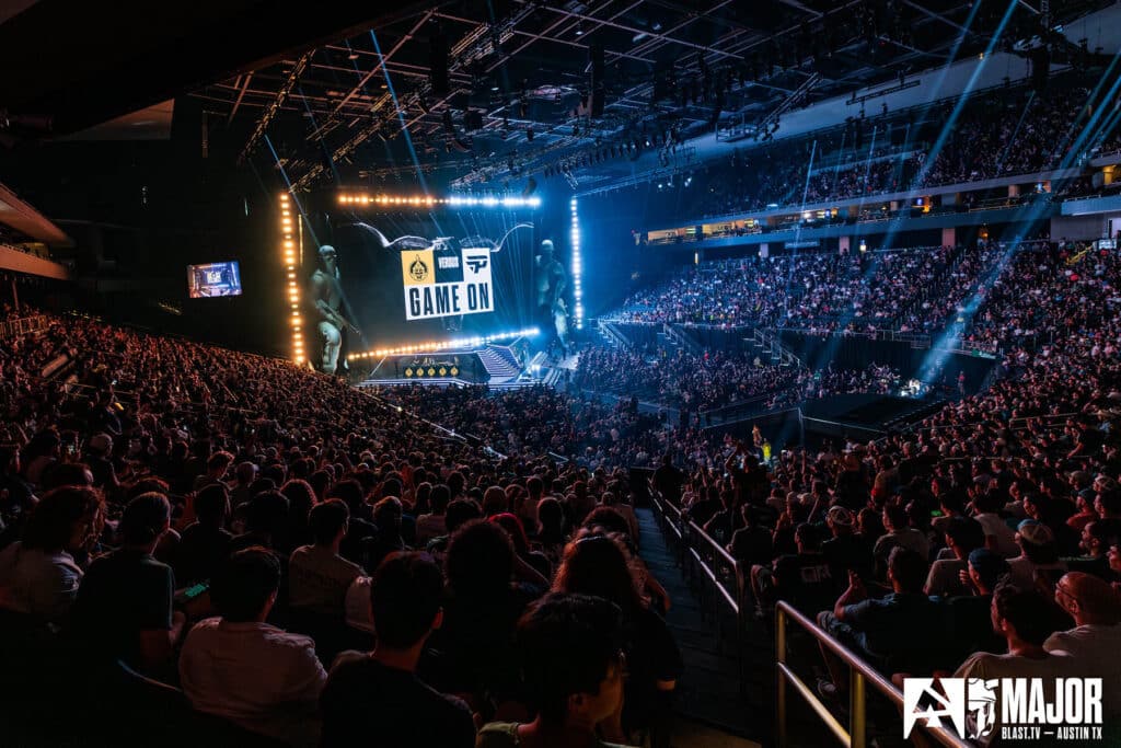 Image of BLAST Austin Major stage from the rear of the arena.