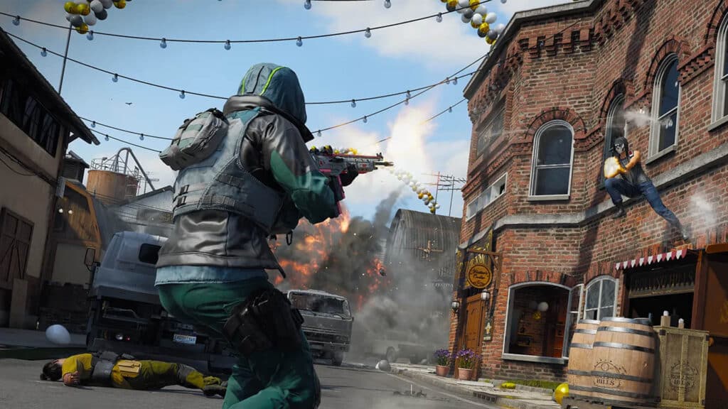 Image of Call of Duty Black Ops 7 player aiming at a wall-bouncing opponent with a rifle