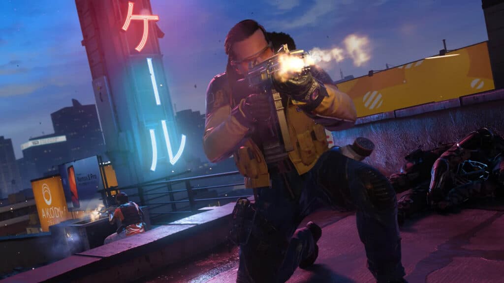 Image of Call of Duty Black Ops 7 player firing weapon with a Japanese neon sign in background