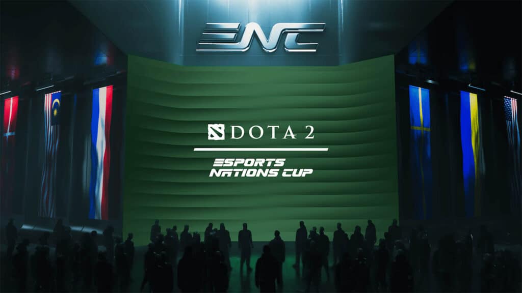 Image of Dota 2 and Esports Nations Cup logos on a dark green background. The initials of the Esports Nations Cup are above the green background, with a crowd of people in the foreground