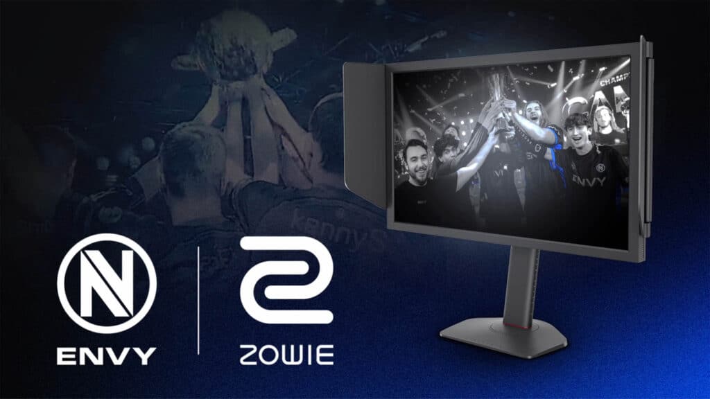 Image of Envy and ZOWIE logos next to a gaming monitor displaying Envy lifting an esports trophy.