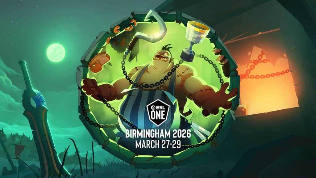 Image of ESL One Birmingham 2026 logo on a green and orange background