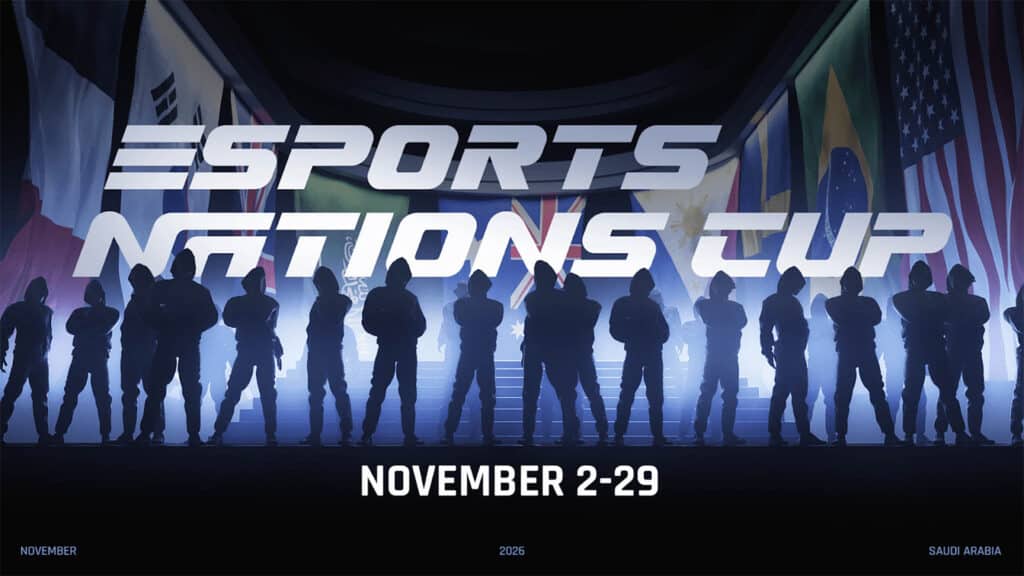 Image of Esports Nations Cup logo in front of a crowd of silhouettes. The flags of several nations are in the background