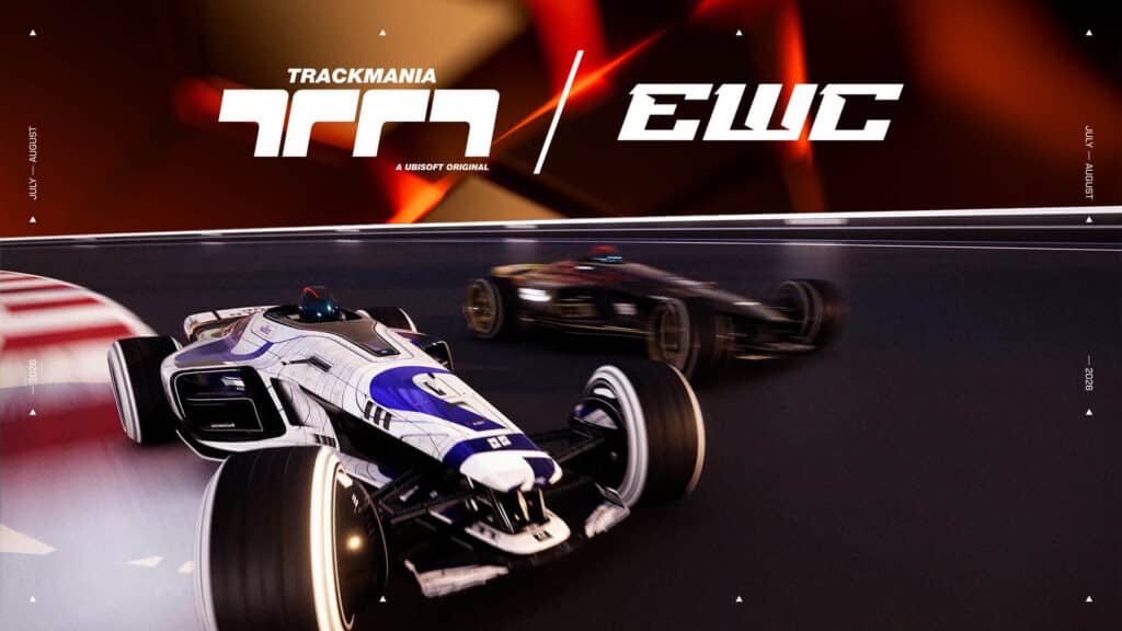 Image of Trackmania and Esports World Cup logos above two Trackmania cars driving