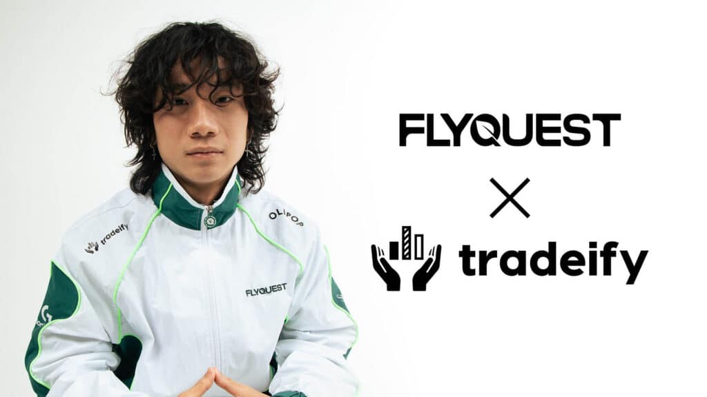 Image of FlyQuest representative wearing branded jacket on a white background. On the right of the image are the FlyQuest and Tradeify logos