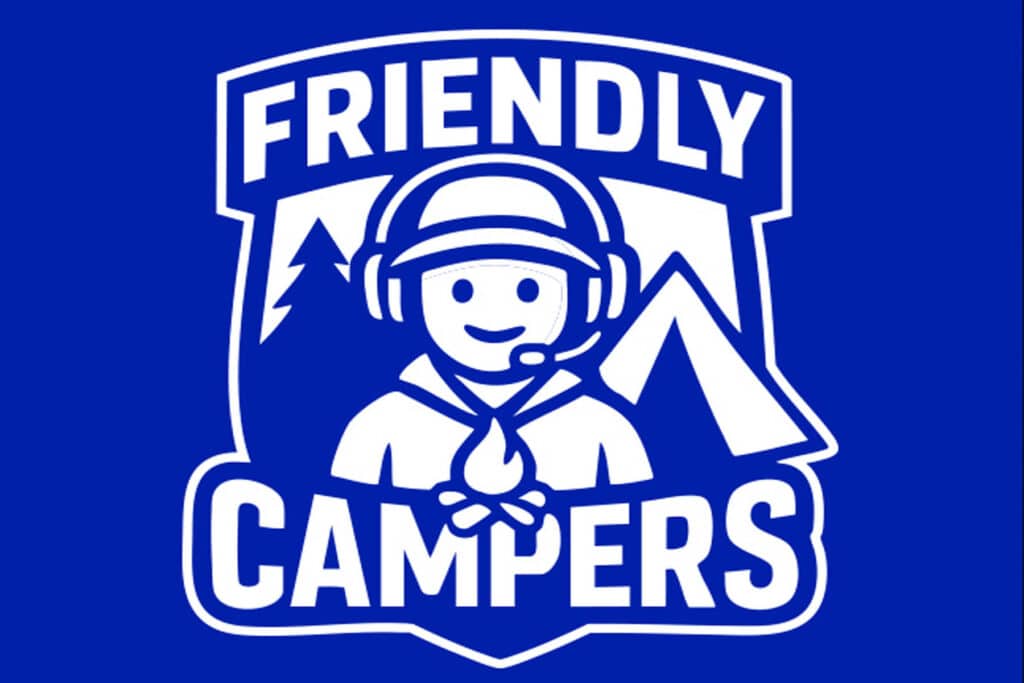 Image of Friendly Campers logo on a dark blue background