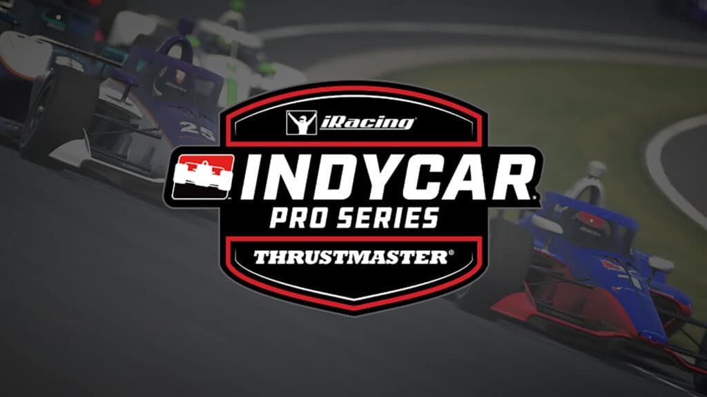 Image of IndyCar Thrustmaster iRacing Pro Series logo on a blurred background of IndyCar race cars